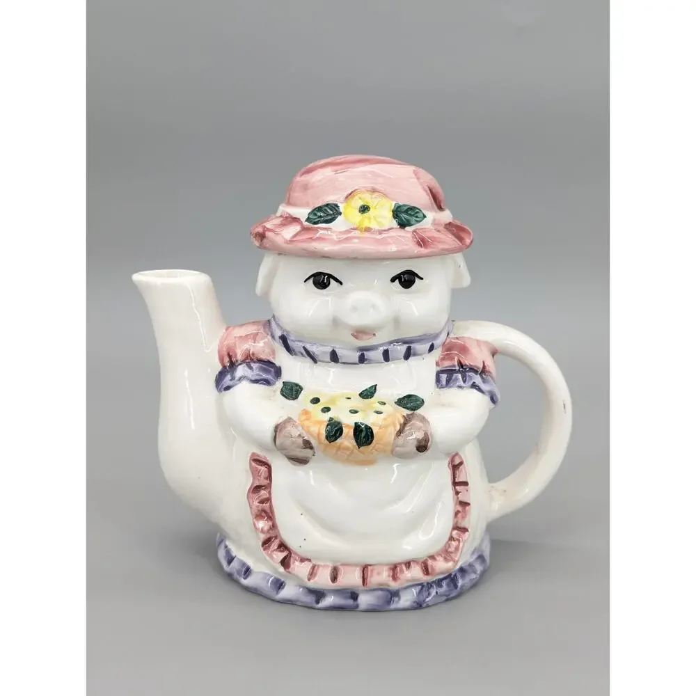 Anthropomorphic Ceramic Painted Pig & Flowers Tea Pot 6.5